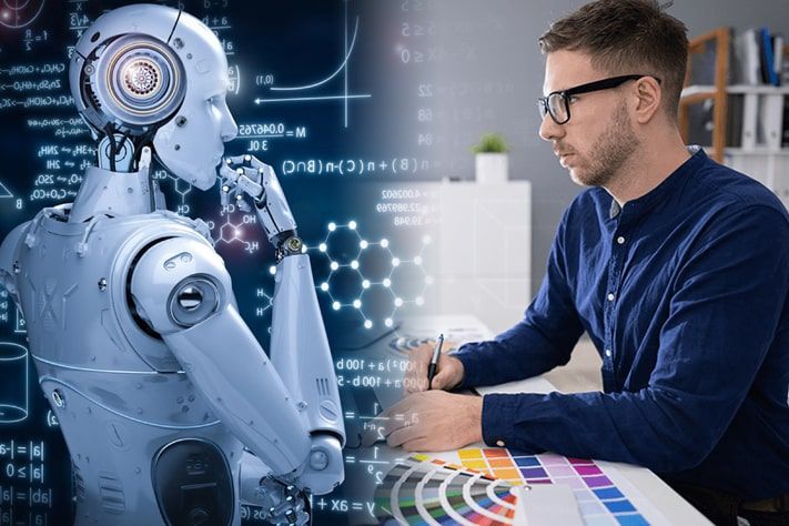 Diseñador gráfico trabajando con una paleta de color junto a un robot humanoide, con fórmulas y gráficos digitales de fondo, representando la colaboración entre creatividad humana e inteligencia artificial.