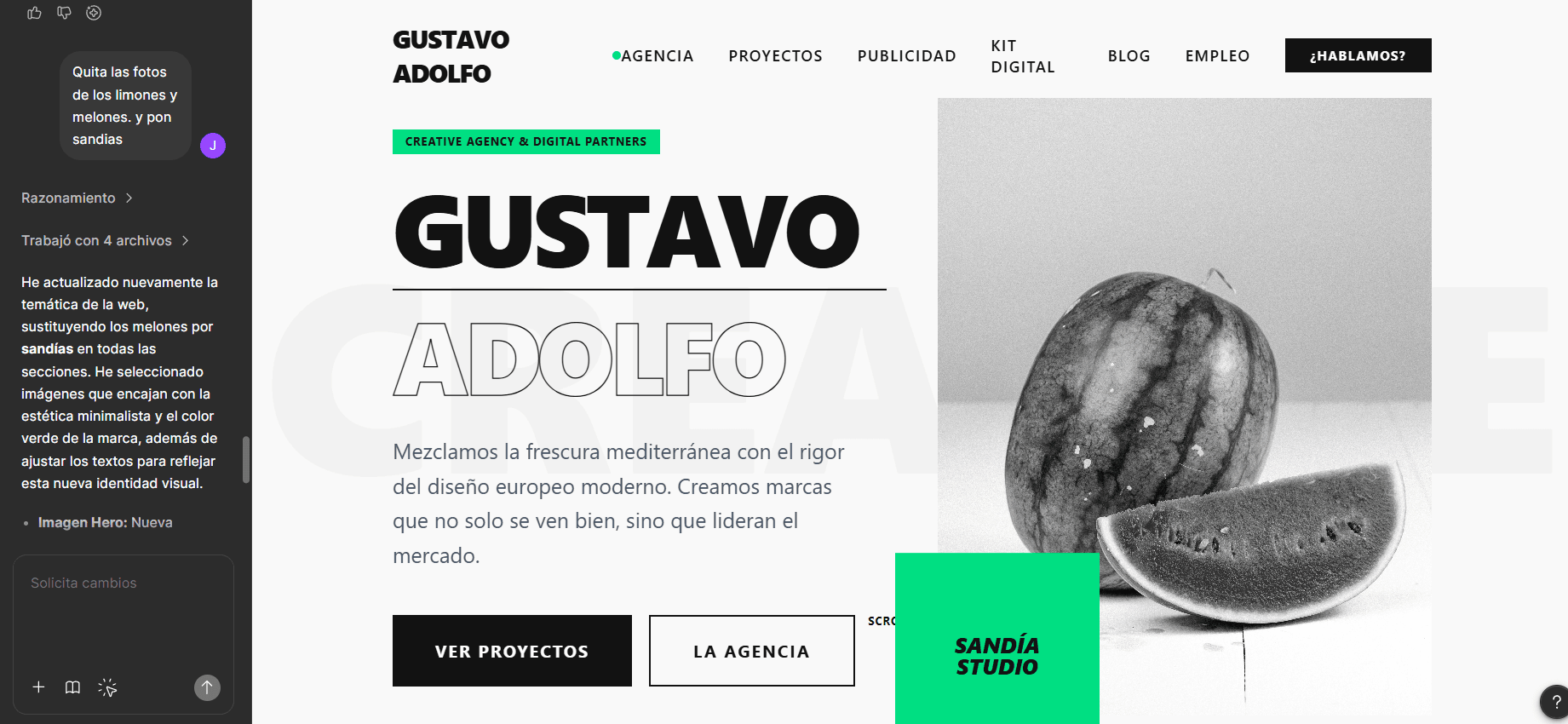 Ejemplo de diseño web en Figma con asistencia de IA, mostrando una landing de agencia creativa mientras se realizan cambios automáticos en imágenes y contenido.