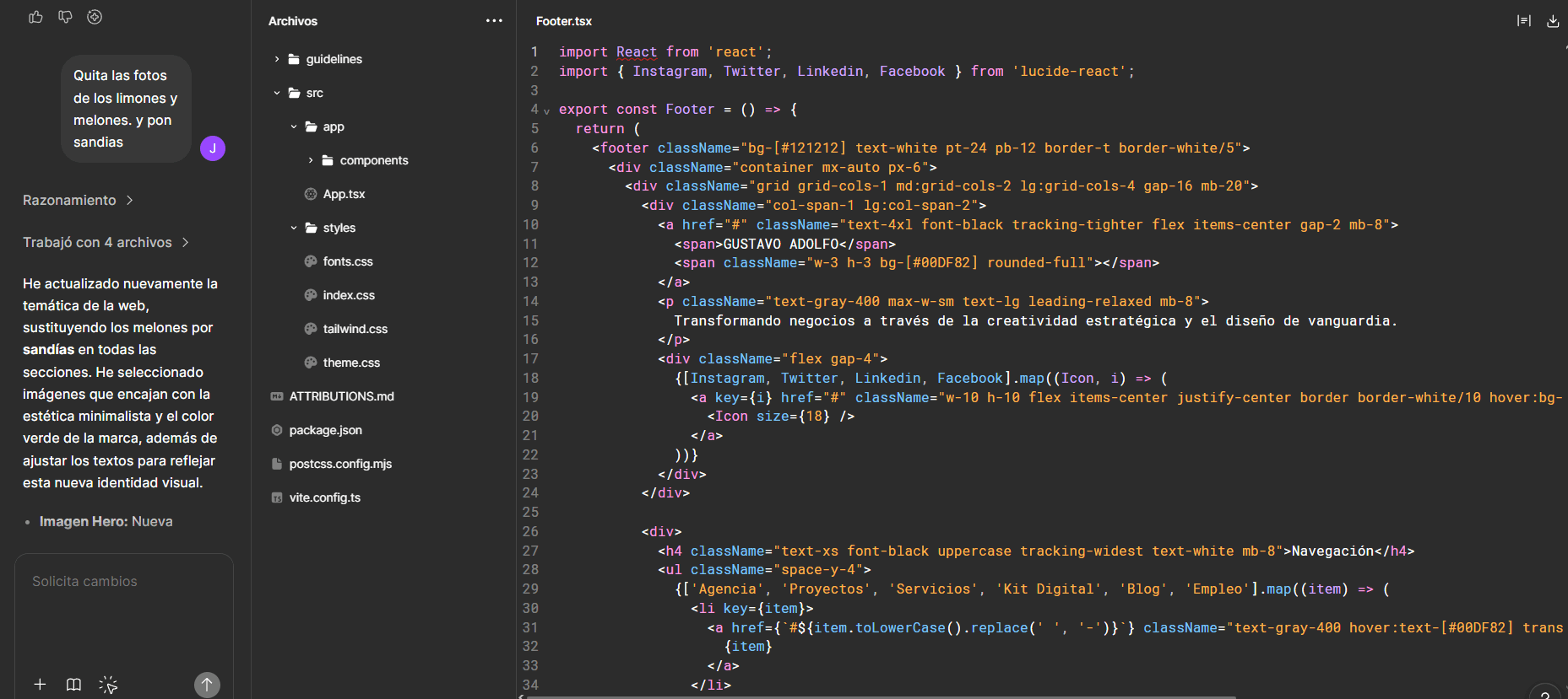 Vista del editor de código mostrando un componente Footer en React con Tailwind CSS, junto al panel de cambios generados por IA para actualizar imágenes y textos de una web.
