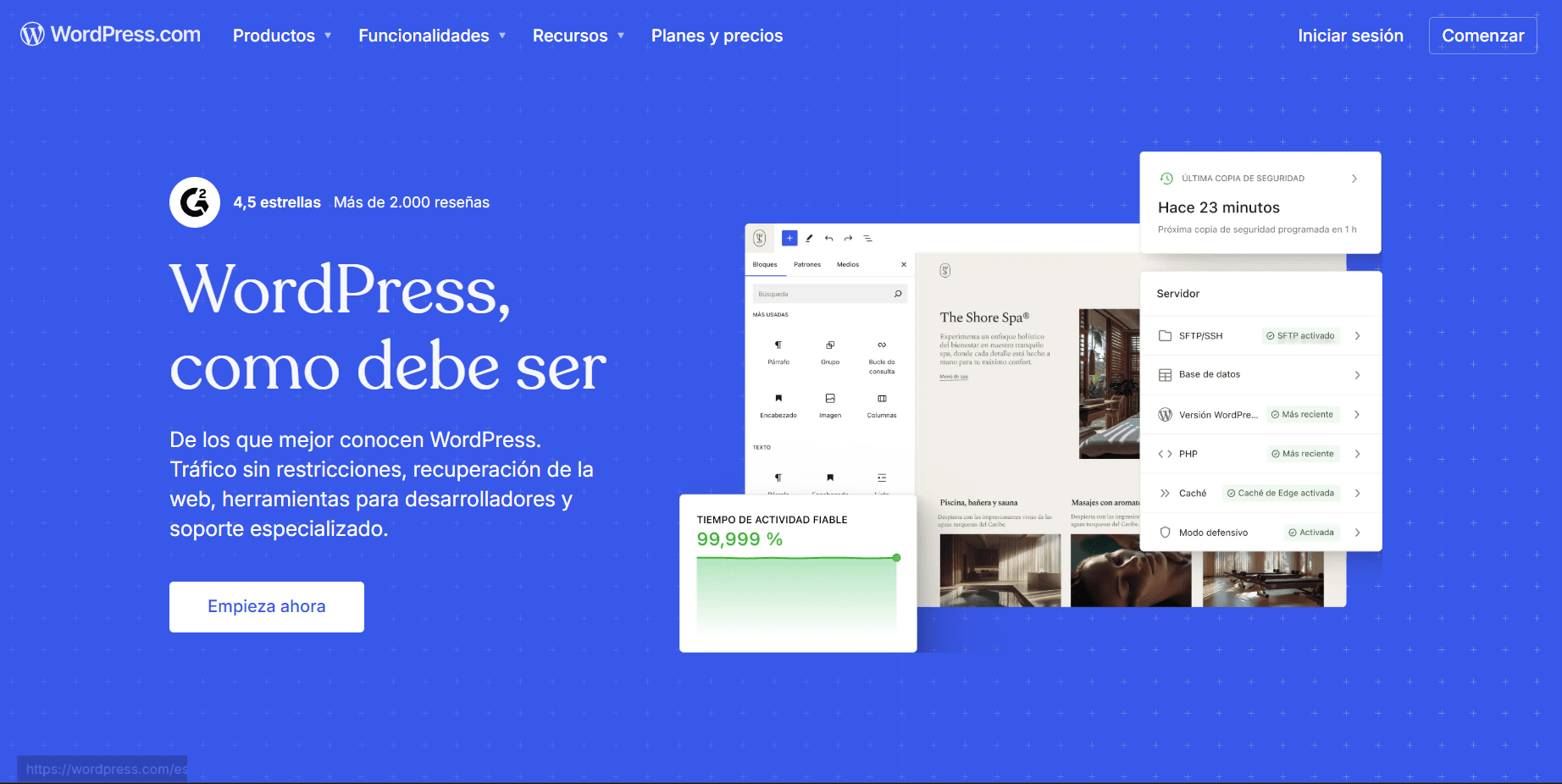 Página principal de WordPress mostrando el editor visual, opciones de servidor, copias de seguridad y métricas de rendimiento en una interfaz unificada.