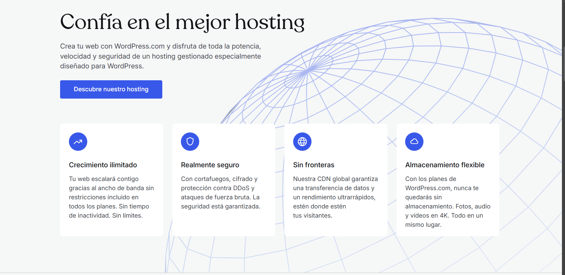 Página de hosting gestionado para WordPress mostrando beneficios como crecimiento ilimitado, seguridad avanzada, CDN global y almacenamiento flexible.