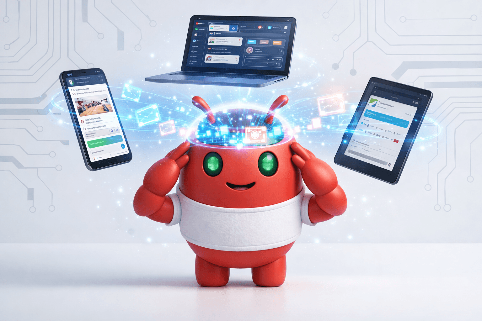 Robot Moltbot levitando móvil, tablet y portátil mientras absorbe datos con telepatía digital