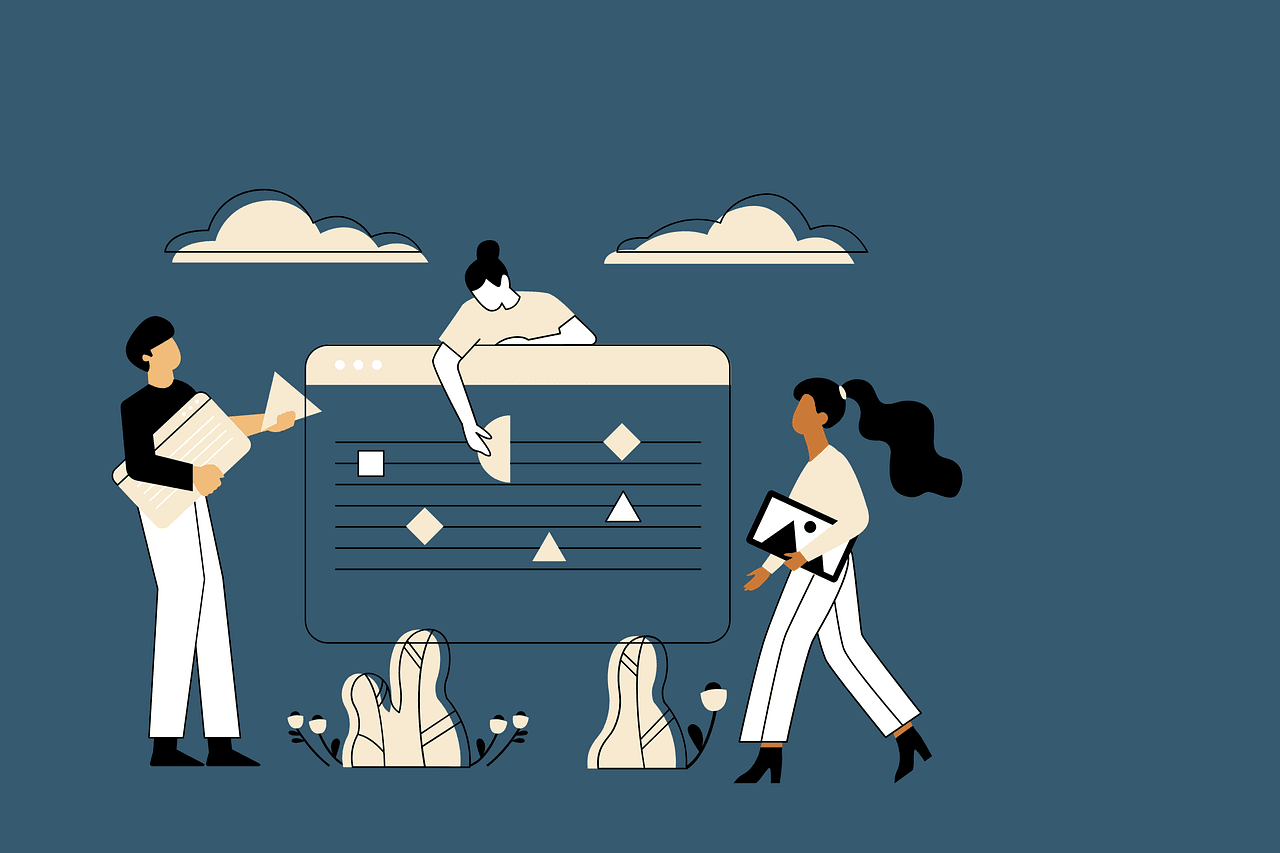 Ilustración vectorial de un equipo colaborando en una interfaz digital con gráficos y elementos de análisis de datos.