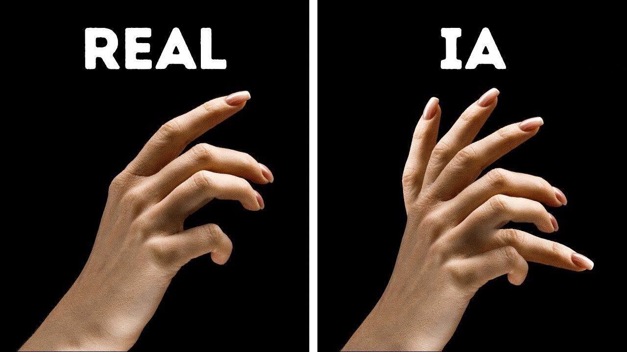 Comparativa visual entre una mano real y una mano generada por inteligencia artificial sobre fondo negro, con los textos “REAL” e “IA”, mostrando similitudes en forma y postura.